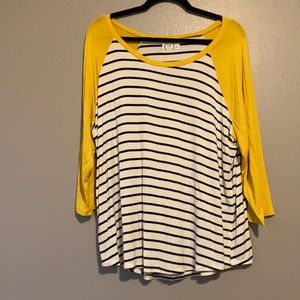 Maurices 1X yellow, black and white baseball top with 3/4 length sleeves.
